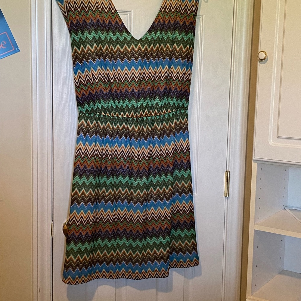AGB Sleeveless Chevron Mini Dress in Blue, Green, Brown & Cream